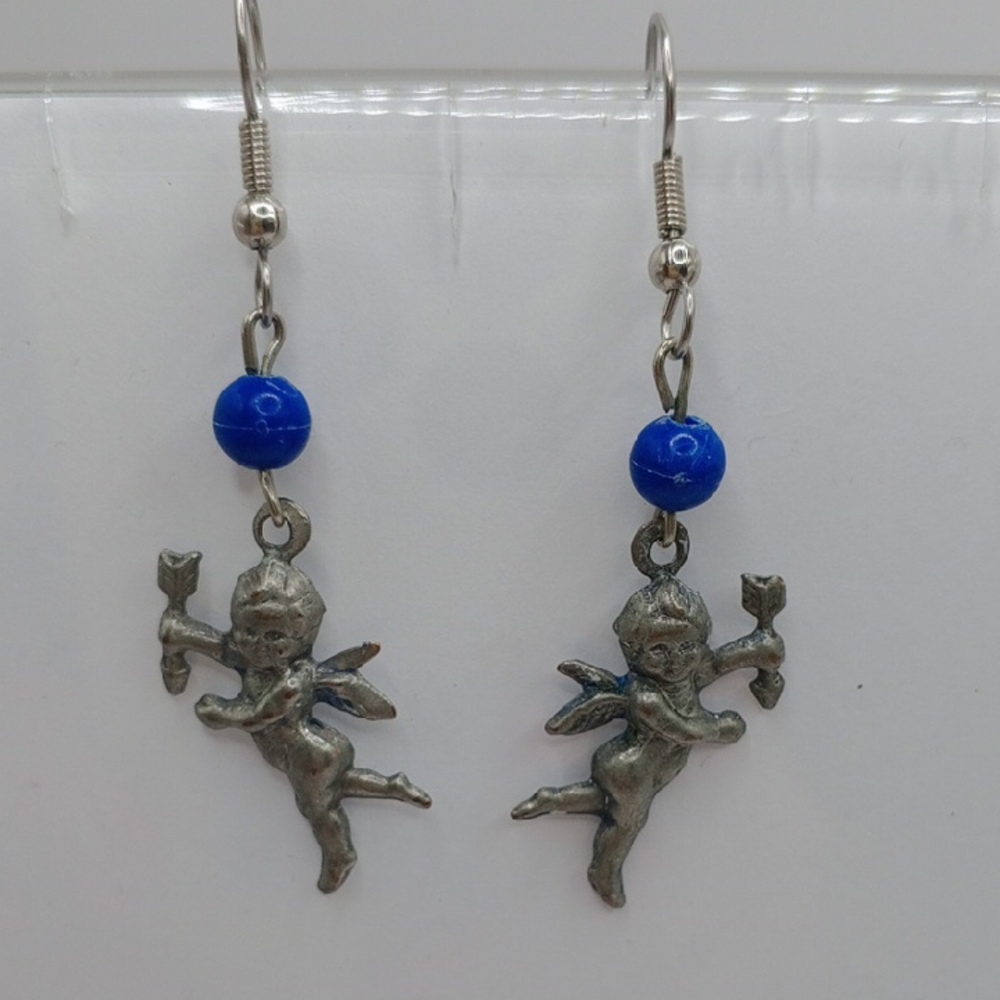 Silver Tone No Stamp Angel Earrings with Blue Accents